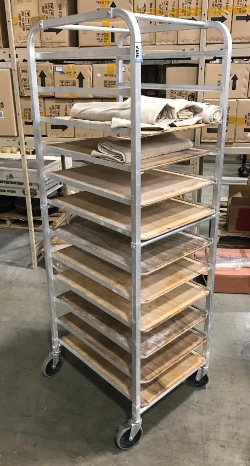 12 TIER MOBILE PAN RACK WITH 10 WOODEN PROOFING BOARDS & 4 BAKERS COUCHE