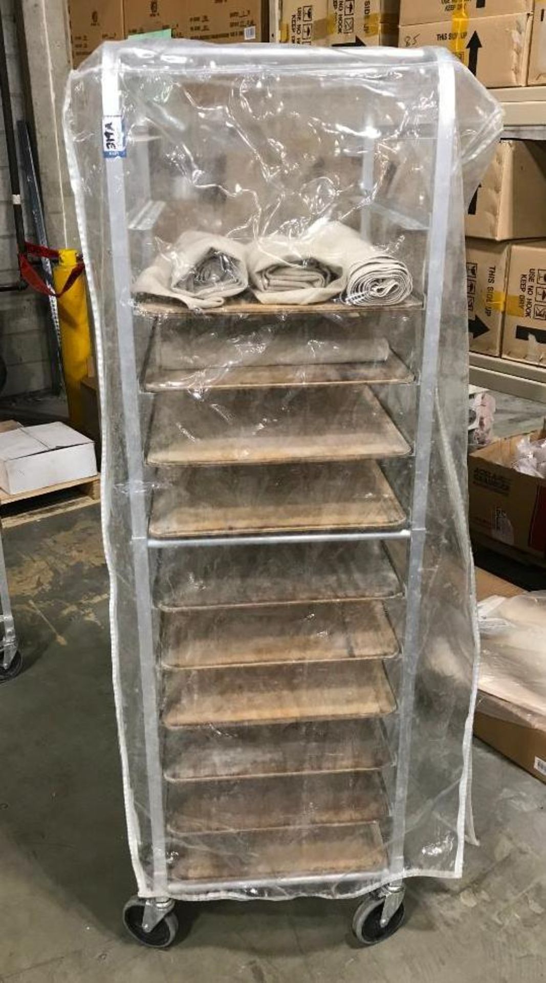 12 TIER MOBILE PAN RACK WITH 10 WOODEN PROOFING BOARDS & 4 BAKERS COUCHE - Image 6 of 6
