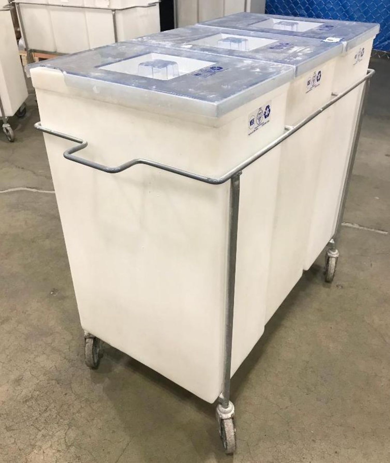 FARIBO INGREDIENT BIN CART - THREE 12 GALLON CONTAINERS WITH WIRE FRAME,CASTERS AND LIFT OFF COVERS