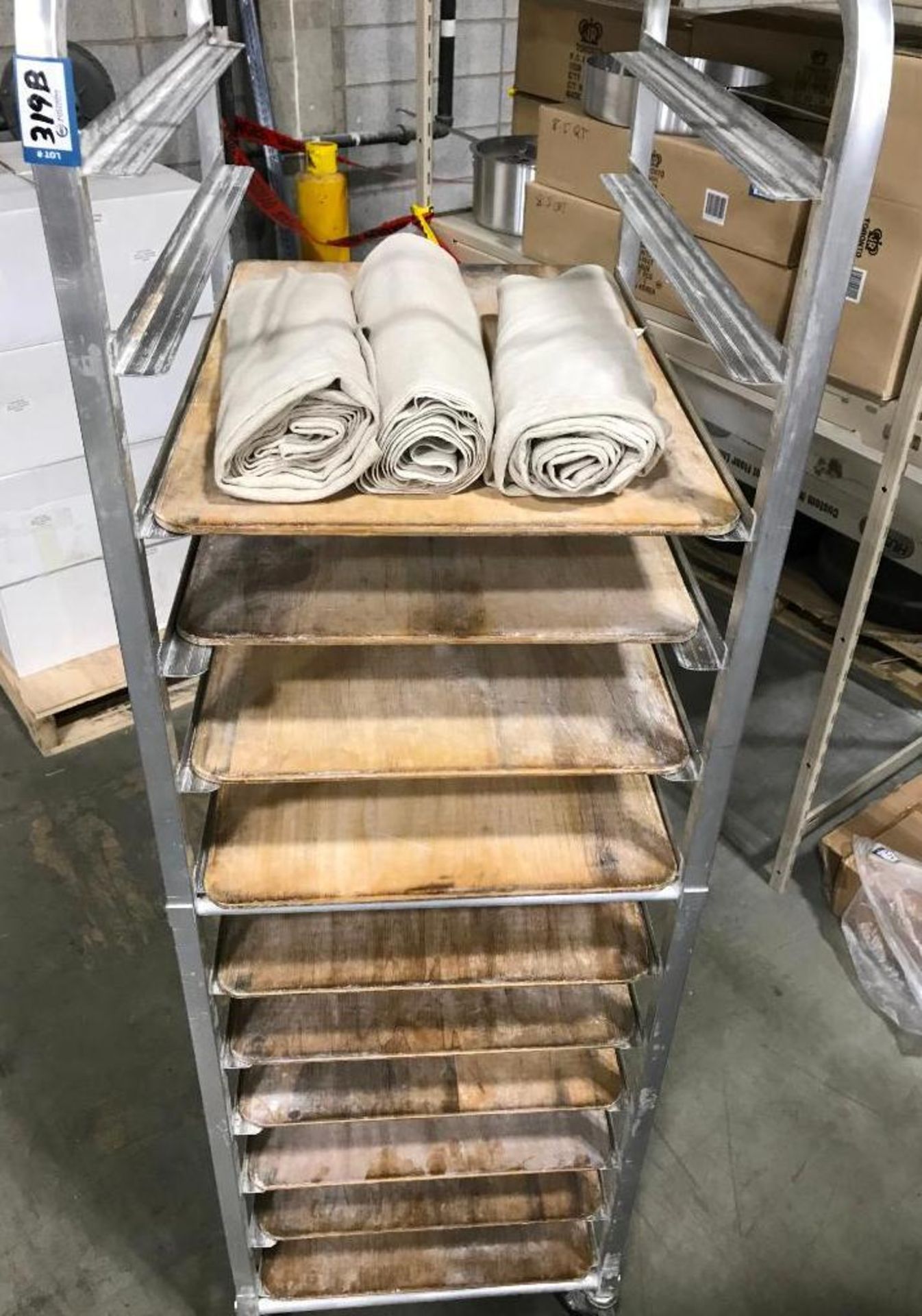 12 TIER MOBILE PAN RACK WITH 10 WOODEN PROOFING BOARDS & 3 BAKERS COUCHE - Image 2 of 5