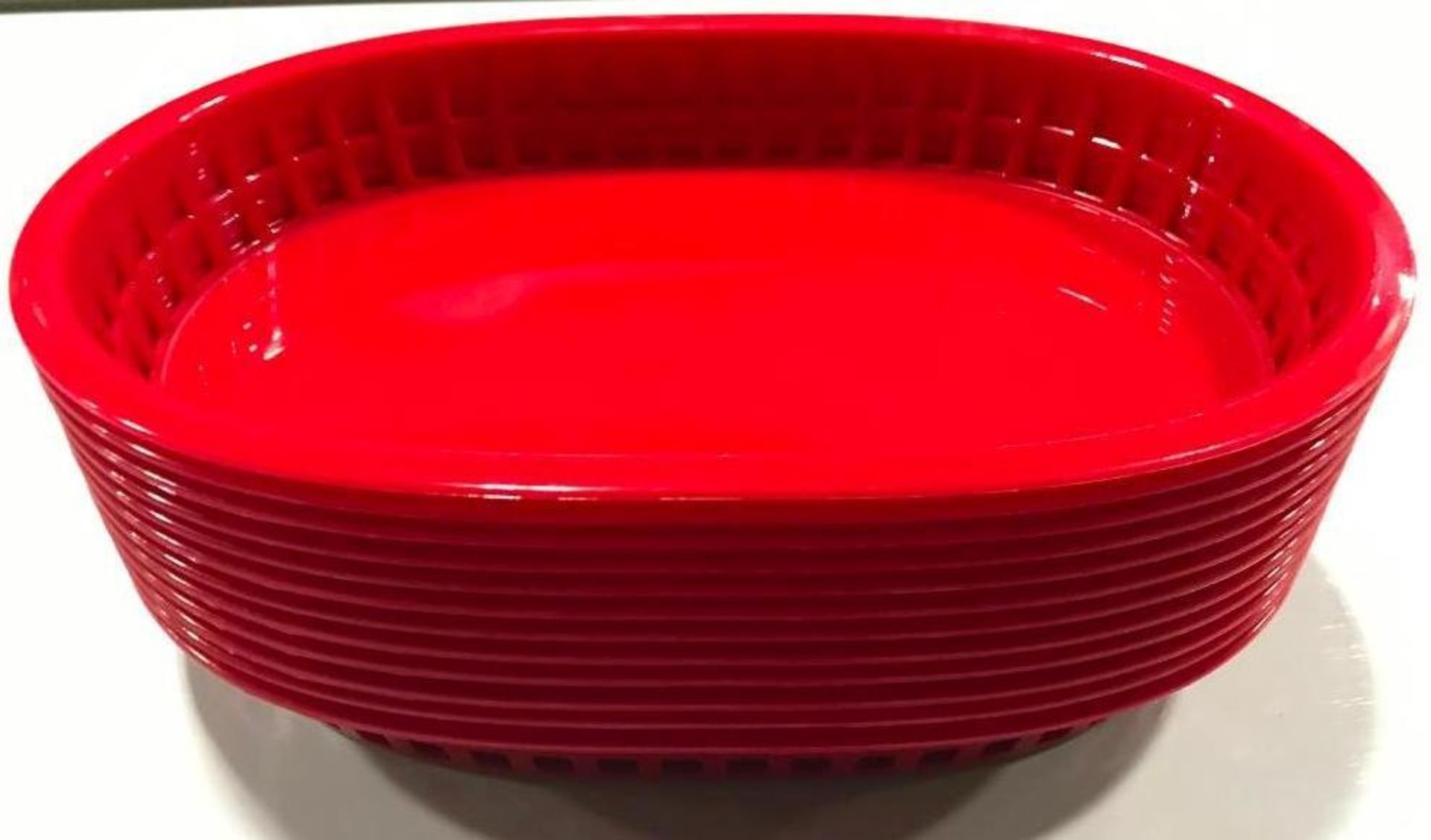 10" OVAL PLASTIC FOOD RED BASKETS, BROWNE 496FR - LOT OF 12