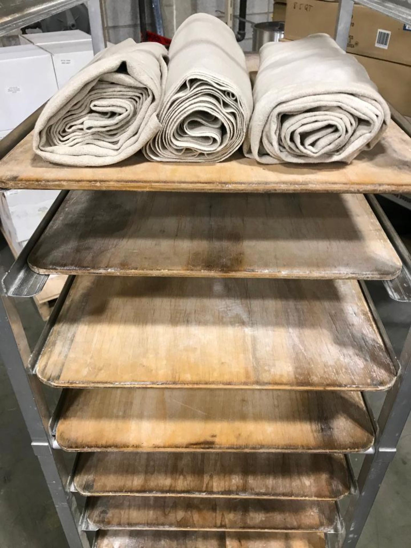 12 TIER MOBILE PAN RACK WITH 10 WOODEN PROOFING BOARDS & 3 BAKERS COUCHE - Image 4 of 5