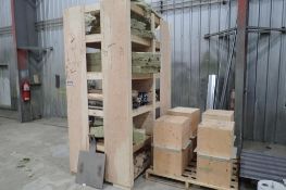 Lot of Wooden Shelving Unit w/ Air/Vapor Barrier, Insulation and 4 Plywood Boxes.