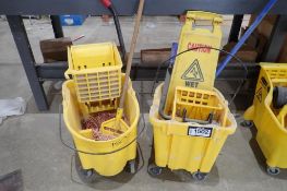 Lot of 2 Mop Buckets, Mops and Caution Sign.