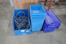 Lot of Air Hose and Plastic Storage Bins.