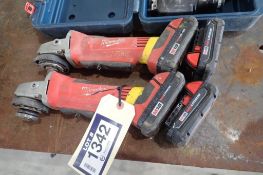 Lot of 2 Milwaukee 4 1/2" Angle Grinders and 4 Batteries.