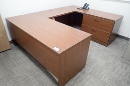 U-Shaped Desk w/ 2-Drawer Lateral File Cabinet, Free Standing Pedestal and Mobile Pedestal.