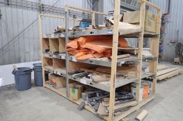 Shop Built Shelving Unit w/ Insulated Tarp, Air/Vapor Barrier, Asst. Shop Fluids, etc.