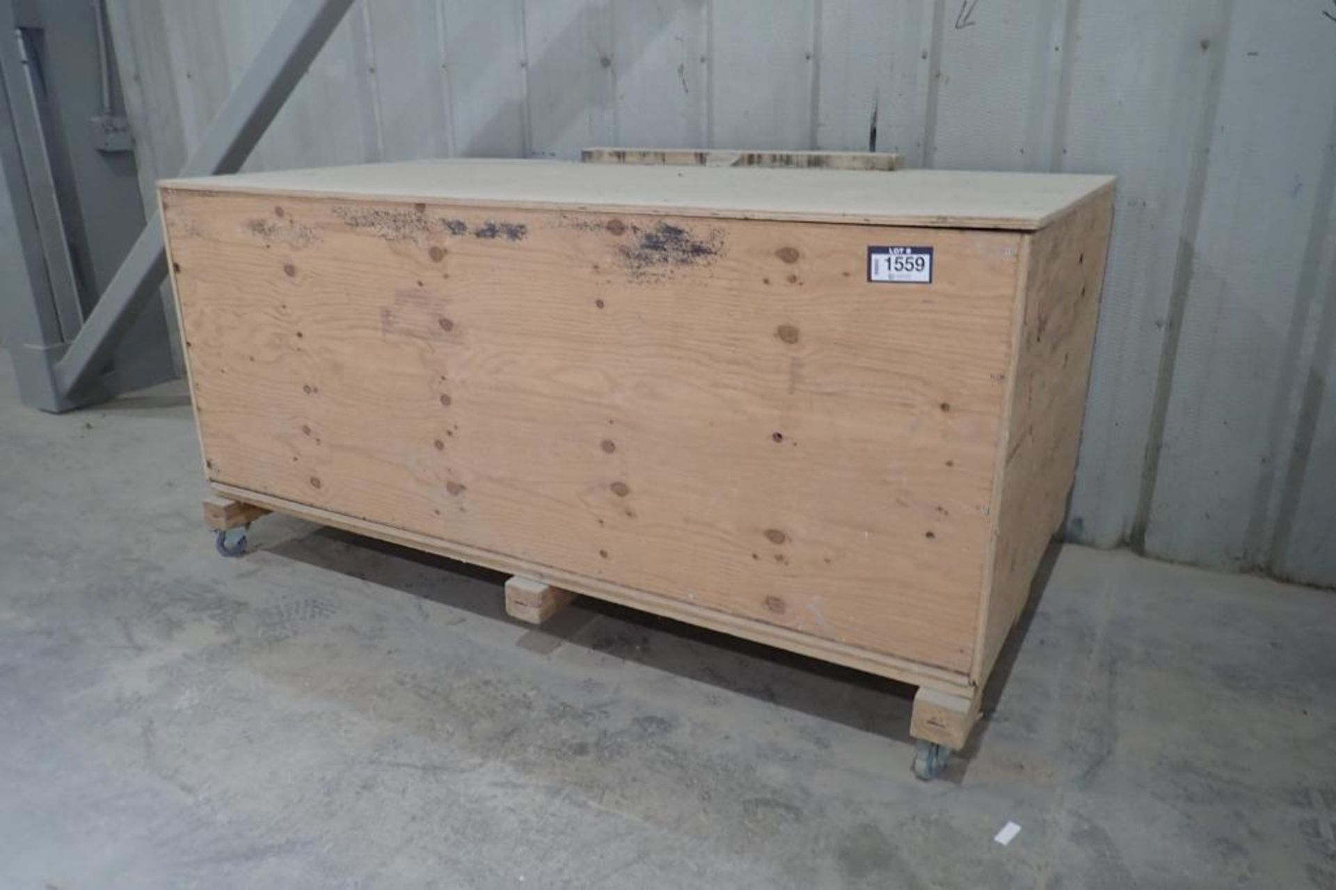 Mobile Wooden 42"x72" Storage Box and Contents.