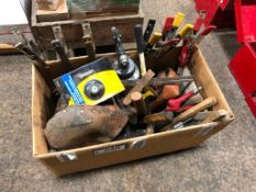 Box of Asst. Hand Tools including, Paint Pot, Tape Measure, Square, Wire Brushes, Need Pads, Clamps,