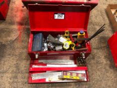 Tool Box w/ Asst. Hand Tools including Chalk Line, Square, Tape Measures, Annular Cutter, etc.