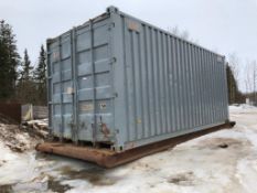 20' Skidded Insulated Seacan w/ Shelving, Lighting, Storage Hooks, Storage Cage, etc.