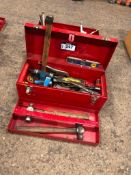Tool Box w/ Asst. Hand Tools including Tape Measure, Level, Hammer, Die Grinder, etc.