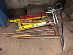 Lot of Asst. Pry Bars, Sledge Hammer, (10) Levels, Clamps, etc.
