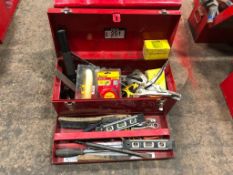 Tool Box w/ Asst. Hand Tools including Trowel, Tape Measure, Rulers, Screw Drivers, Vise Grips, Chis