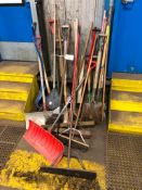 Lot of Asst. Brooms Shovels, Rakes, etc.