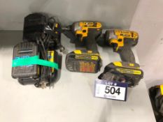 Lot of (2) DeWalt 20V Cordless Impacts w/ (4) Batteries and (2) Chargers