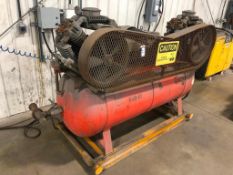 DeVair Devilbiss Twin V-Head Skidded Air Compressor w/ Air Manifold, (2) Lincoln Air Reels, Hoses