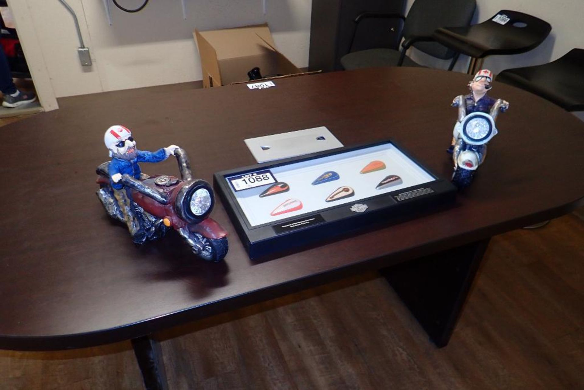 Lot of Harley Davison Gas Tank Collection Shadow Box and 2 Decorative Statues.