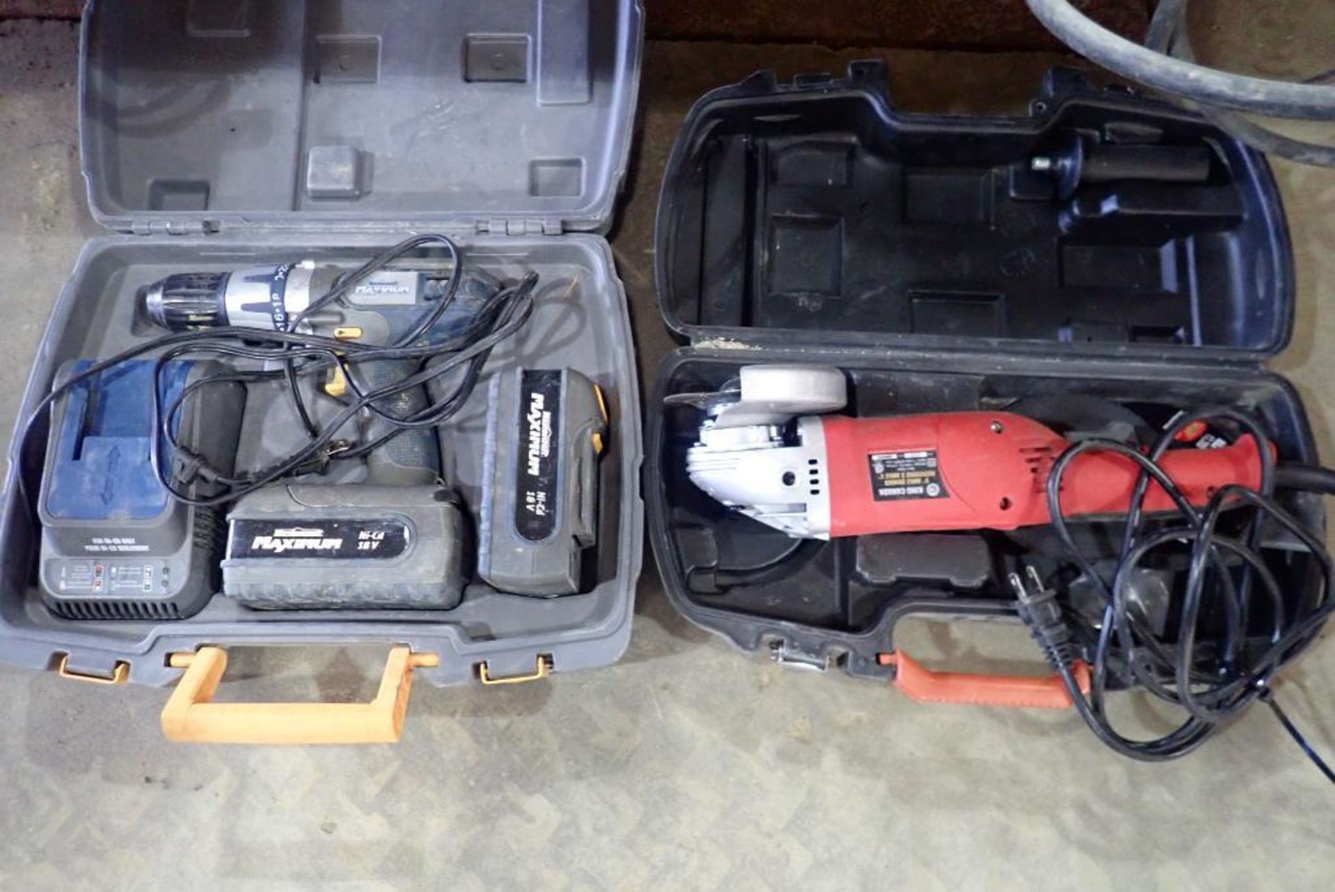 Lot of Mastercraft 18V Cordless Drill w/ 2 Batteries and Charger and King Angle Grinder.