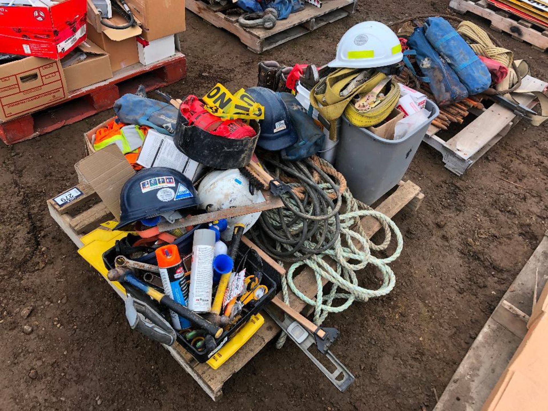 Pallet of Asst. Hard Hats, Snow Brushes, Safety Flagging, Ratchet Straps, Beacon, etc. - Image 2 of 3