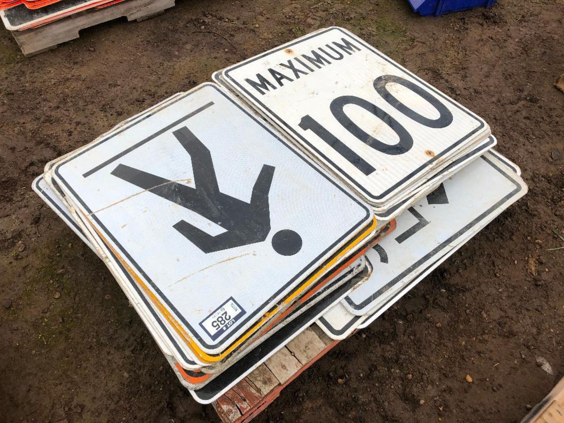 Pallet of Asst. Road Signs including Pedestrian Crossing, 10 - 100 Maximum, etc.