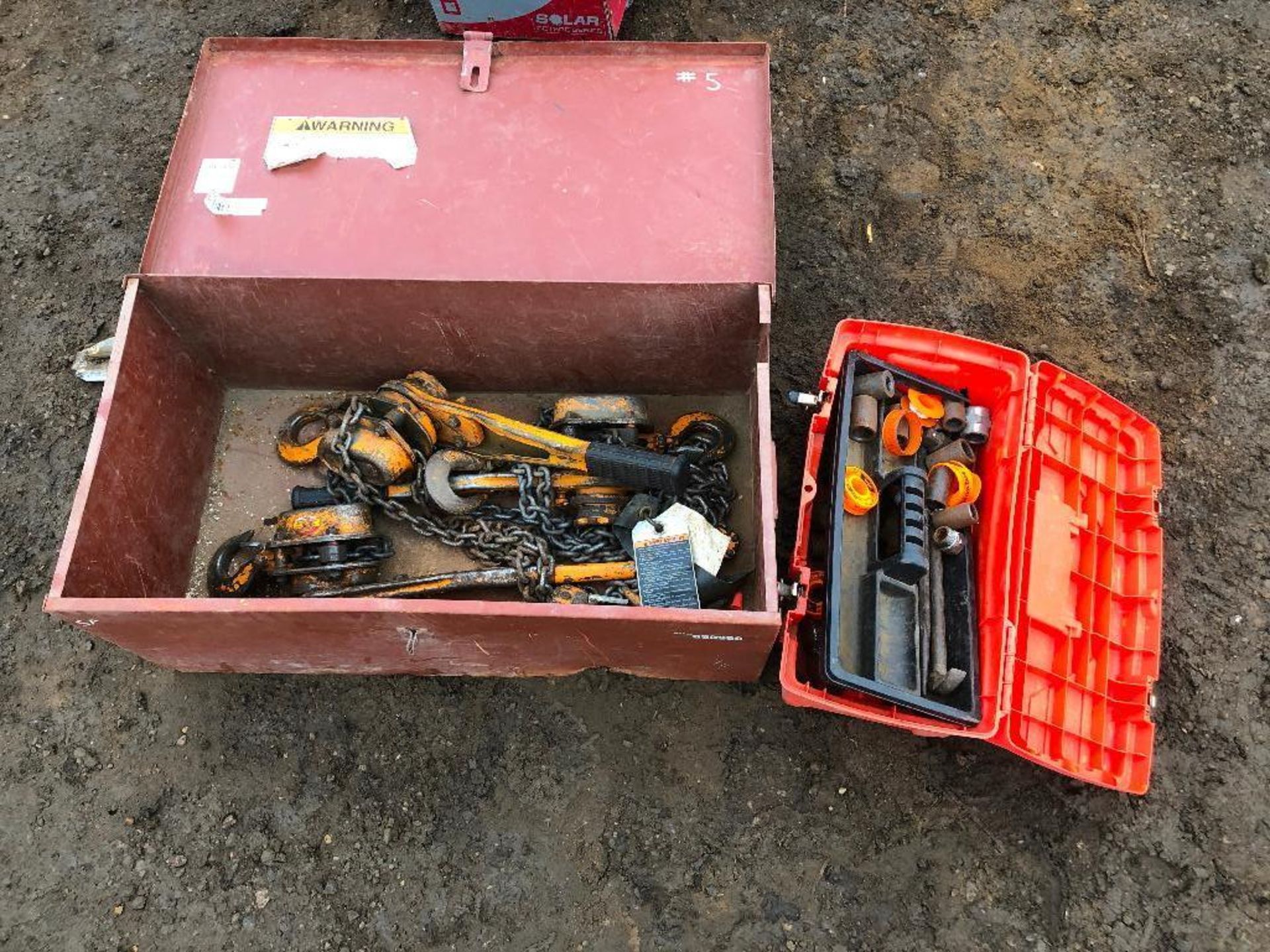 Lot of Job Box and Tool Box w/ (2) Asst. Come-Alongs and Asst. Fittings, Seal Tape, etc.