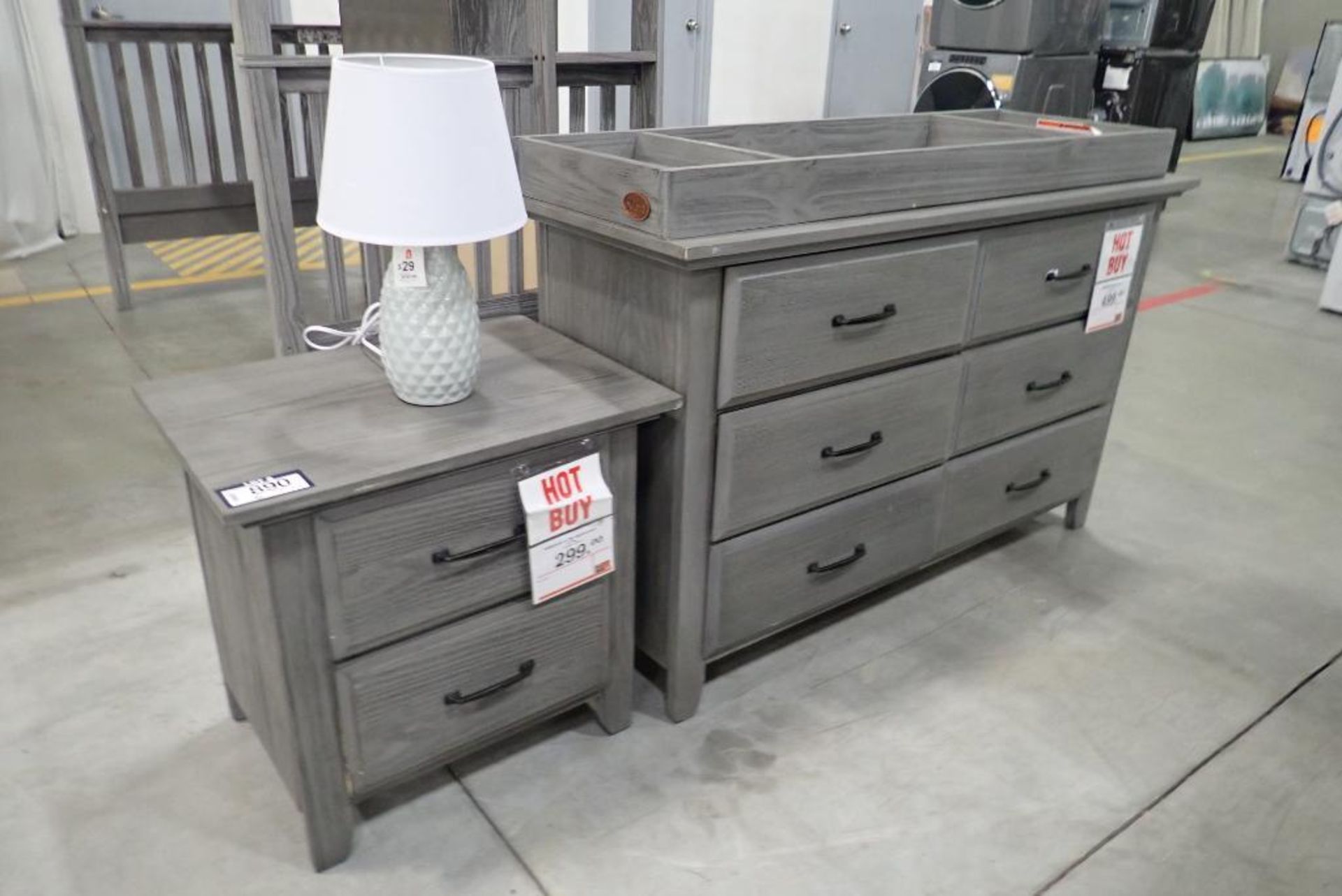 Lot of 6-Drawer 56" Dresser w/ Change Topper Table, 26" Nightstand and Table Lamp. - Image 2 of 6