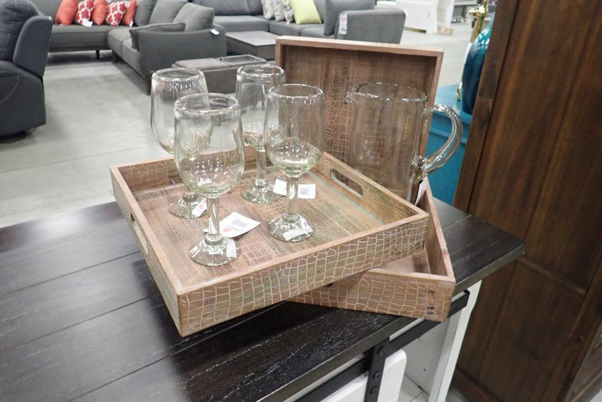Lot of 3 Wood Trays, 4 Glasses and Jug.