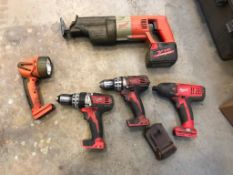 Lot of (2) Milwaukee Cordless Drills, (1) Milwaukee Cordless Impact, (1) Milwaukee Cordless Flashlig