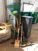 Lot of Asst. Brooms, Magnets, Rake, Ready Rod, Shovels, Pitch Fork, etc.