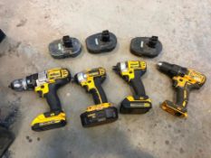 Lot of (4) Asst. DeWalt Cordless Drills, (6) Asst. Batteries, and (6) Asst. Chargers