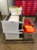 Lot of (2) Benches, (2) Plastic Owls, (2) Side Chairs, and Asst. Safety Clothing