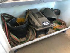 Lot of Asst. Oxy/Acetylene Lines, Welding Helmets, Tool Box, Gauges, etc.