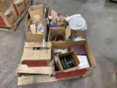 Pallet of Asst. Abrasive Material, Washers, Fasteners, terminal Connectors, etc.
