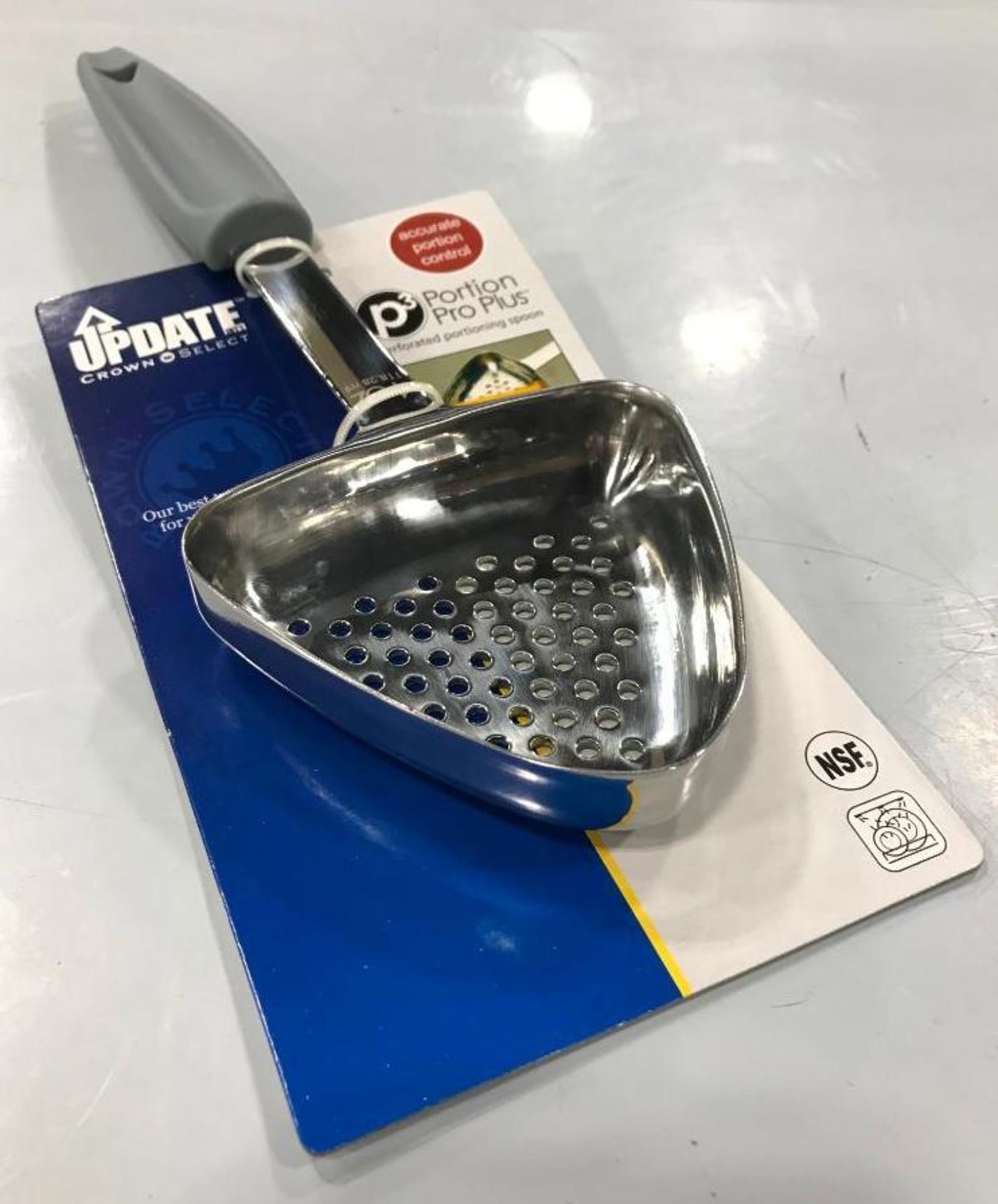 4 0Z PERFORATED PORTIONING SPOON W/ GREY PLASTIC HANDLE - NEW - Image 2 of 2