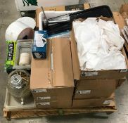 PALLET OF ASSORTED ITEMS INCLUDING: WHITE PLASTIC BAGS, PLASTIC TOTES, VAC SEAL PLASTIC & MORE