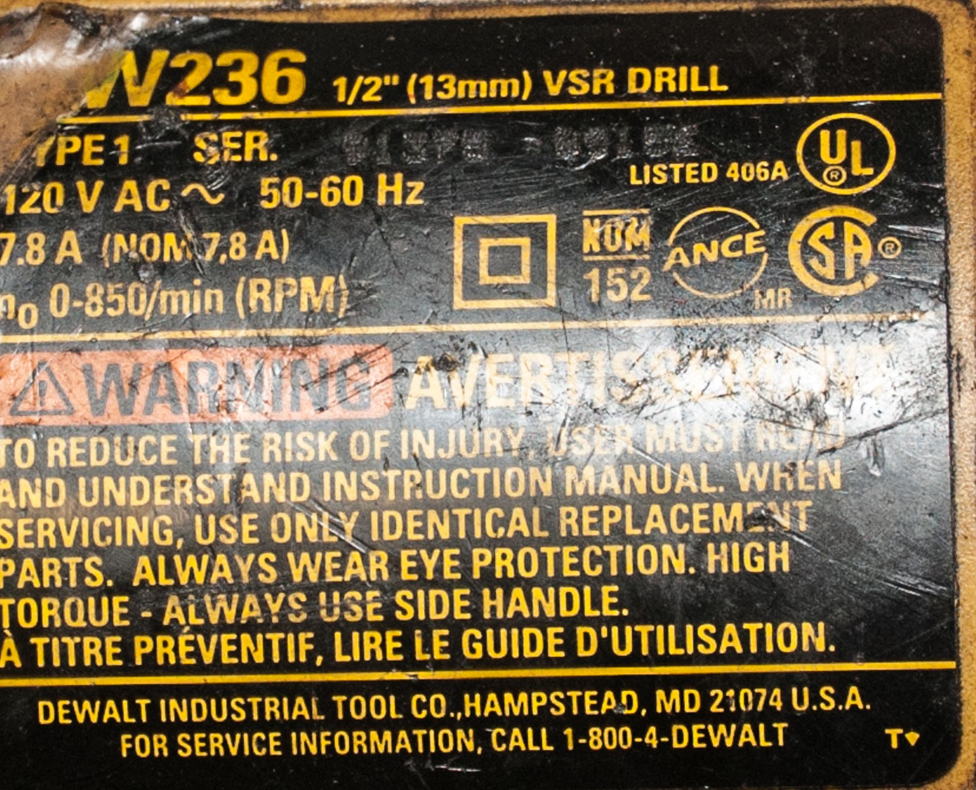 DeWalt Mdl. W236 1/2" Electric VSR Drill & 7" DeWalt Angle Grinder - Image 2 of 2