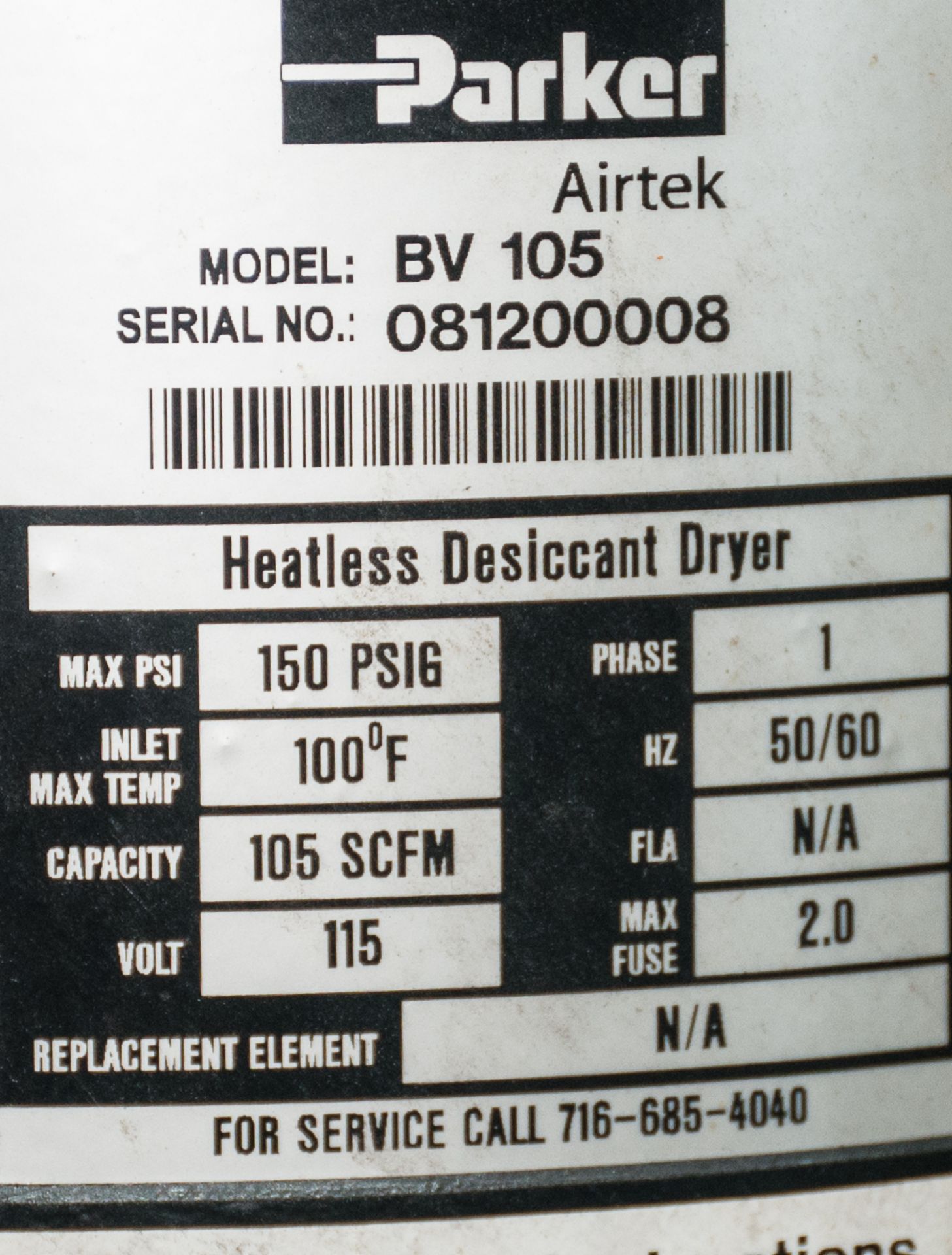 AirTEK Air Dryer Mdl. BV105, s/n 081200008, Heatless Dessicant Dryer, Cap 105 SCFM, 115v - Image 2 of 2