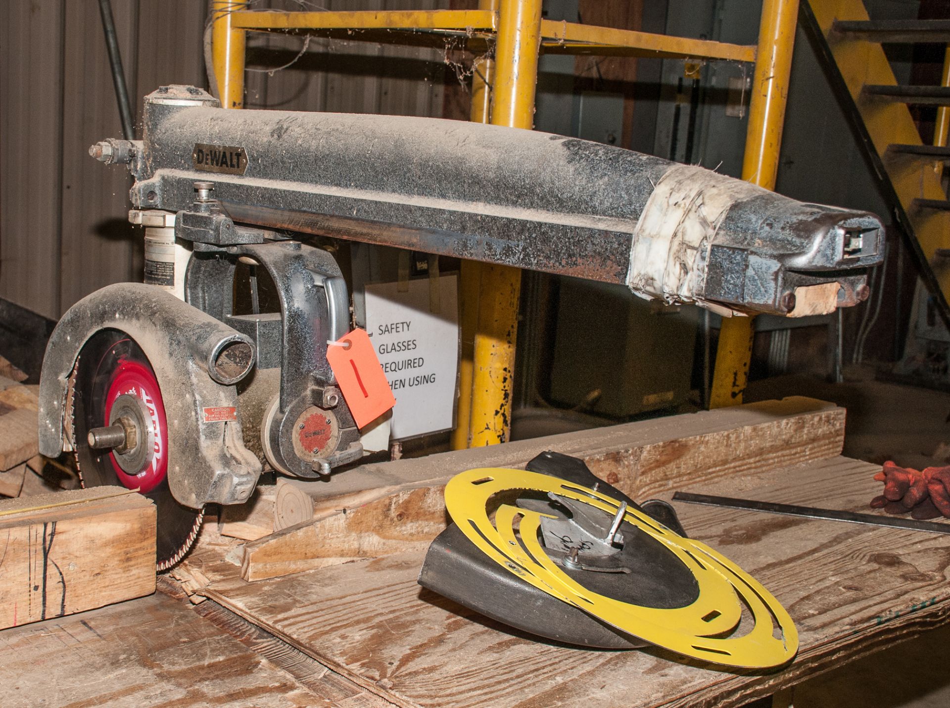 DeWalt Radial Arm Saw s/n 439264, w/ stand and 194" Wood bench