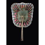 A RARE CHINESE EXPORT PAINTED SILK AND CARVED IVORY "COCKADE" FAN, QING DYNASTY, CIRCA 1840