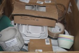 Box to Contain an Assortment of Crockery to Include Denby Dinner Plates, Royal Daulton Ramekin