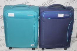Assorted American Tourister Holiday Heat 50cm-40cm-20cm Teal Blue and Navy Blue Two Wheel Cabin Bags