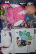 Box Containing a Large Assortment of Children's Toy Items to Include Baby Dolls, Teddies, Pencil