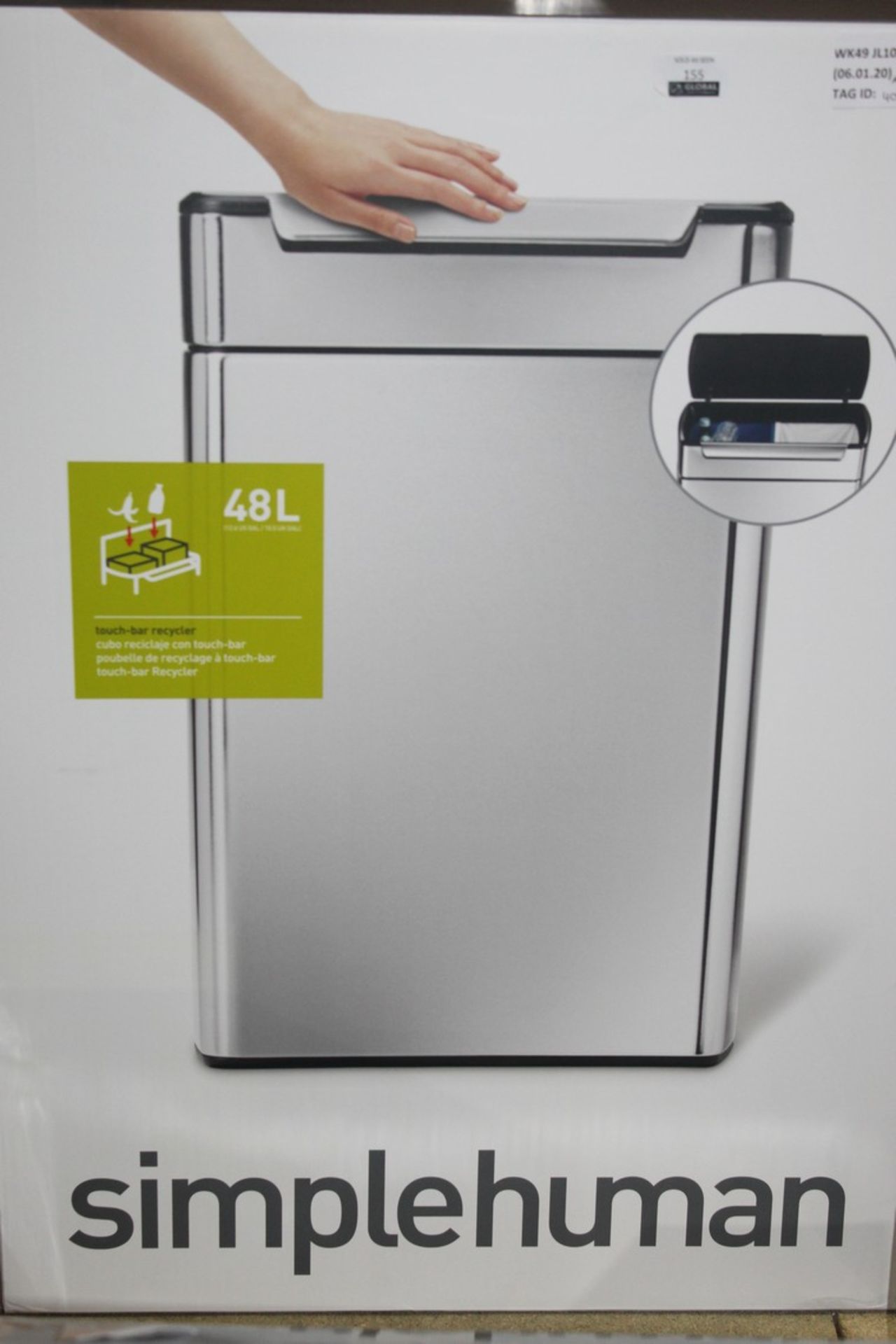 Boxed Simple Human 48L Stainless Steel Touch Bin RRP £170 (4086553) (Public Viewing and Appraisals