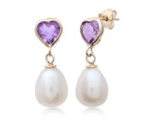 Heart Cut Amethyst And Pearl Earrings, Metal 9ct Y