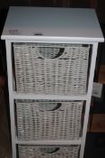 Lot to Contain 2 Assorted Items to Include a 3 Tier Wicker Storage Draw Set and a Wall Hanging Shelf