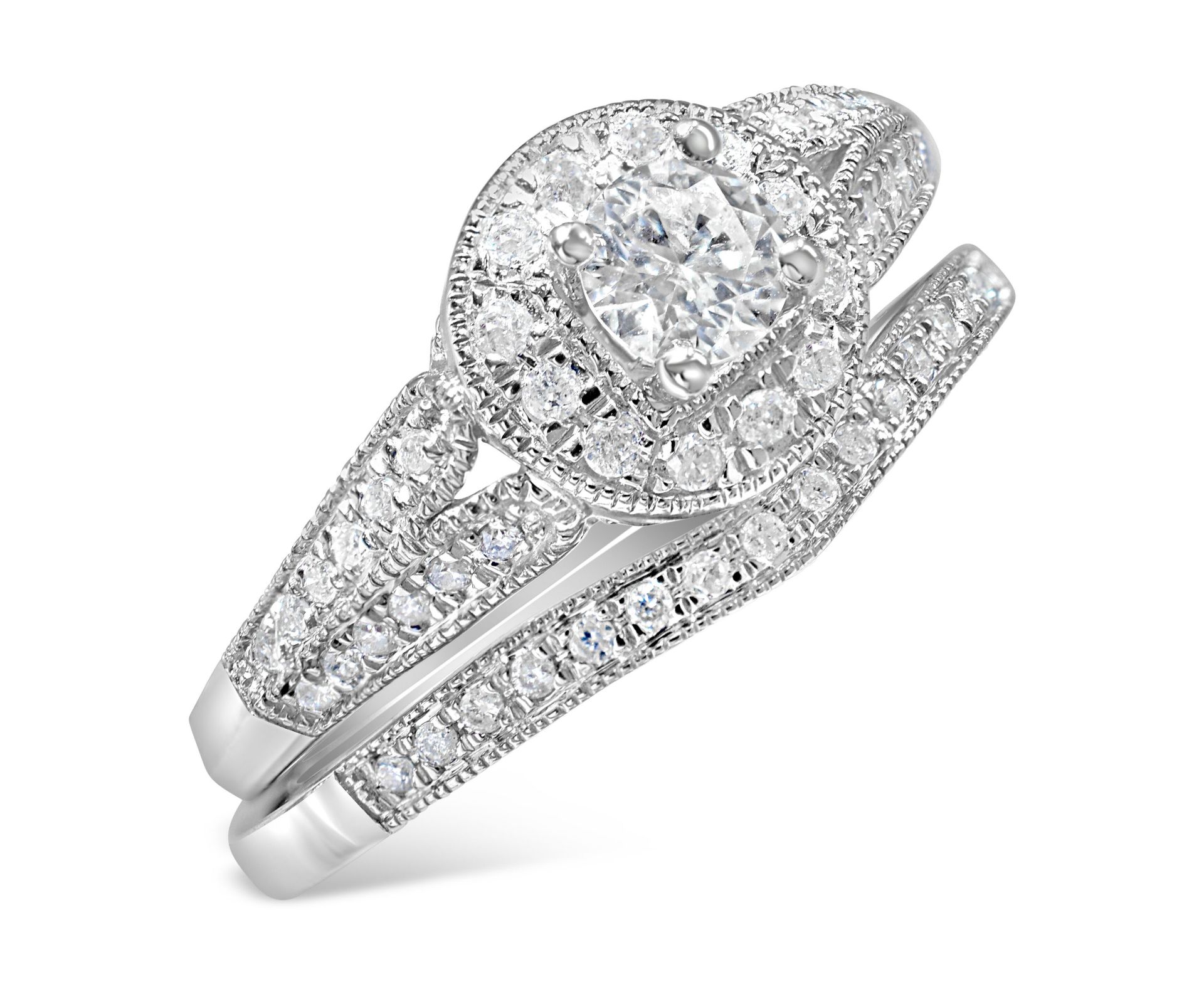 Bridal Set Of Diamond Engagement and Wedding Rings with over 50 diamonds in total, Metal 9ct White
