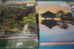 Assorted Multi Piece Wall Art Picture to Include Rainforest Waterfall and The Beach Hut on Stilts
