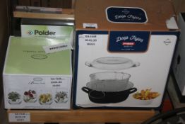 Lot t Contain 5 assorted Items To Include Pyrex Deep Fryers, Wooden Cutlery Organisers, Polder